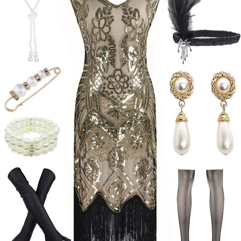 Women 1920s Gatsby Sequin Flapper Dress Accessories Set Costumes